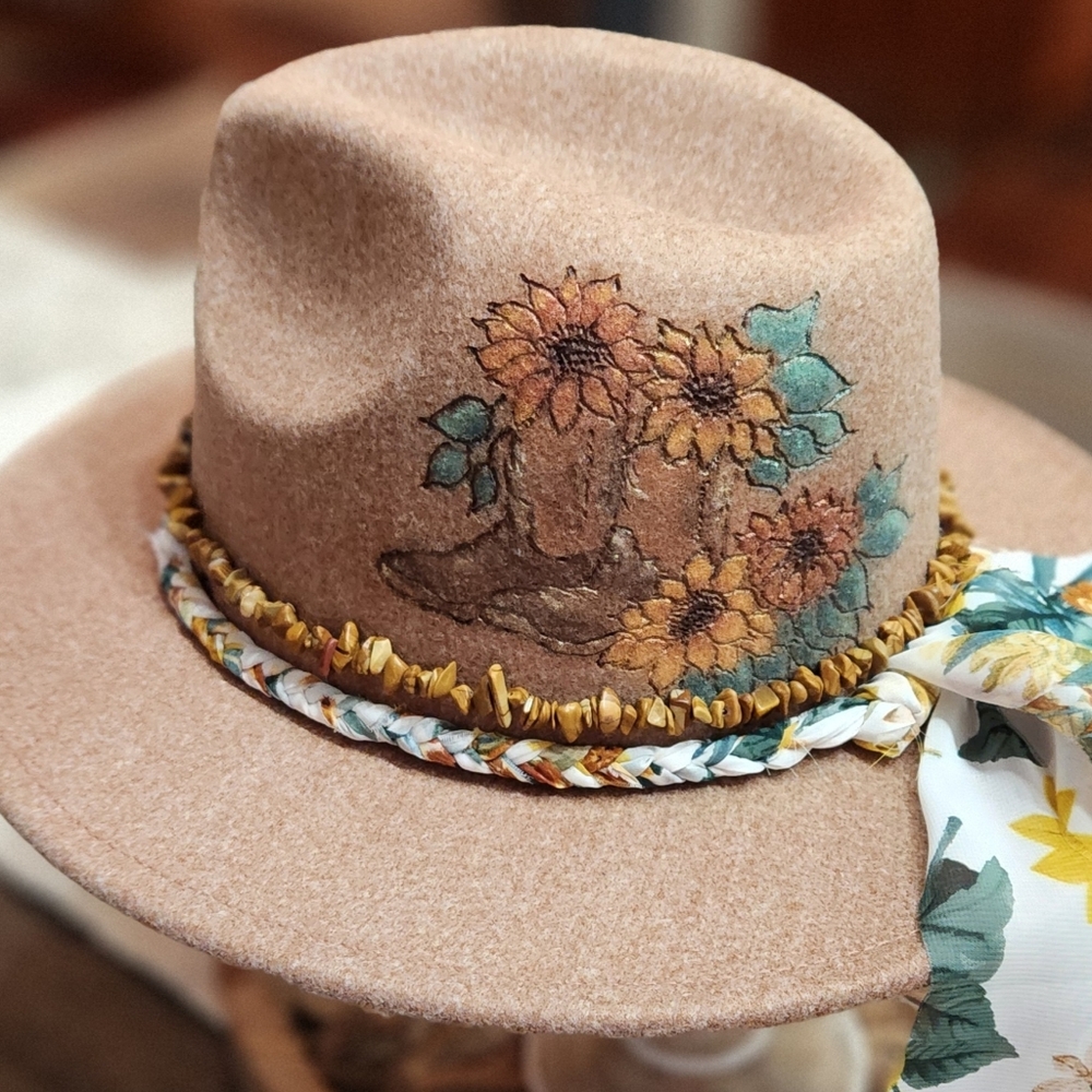 Cowgirl Boots And Sunflowers Hand Burned And Colored Tan Fedora Hat